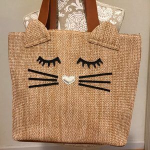 Woven Cat Face Tan Tote Shoulder Bag